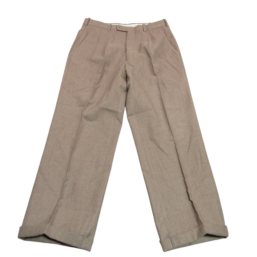Feldini Mens 32x27.5 Taupe Brown 100% Wool Double Pleated Cuffed Dress Pants